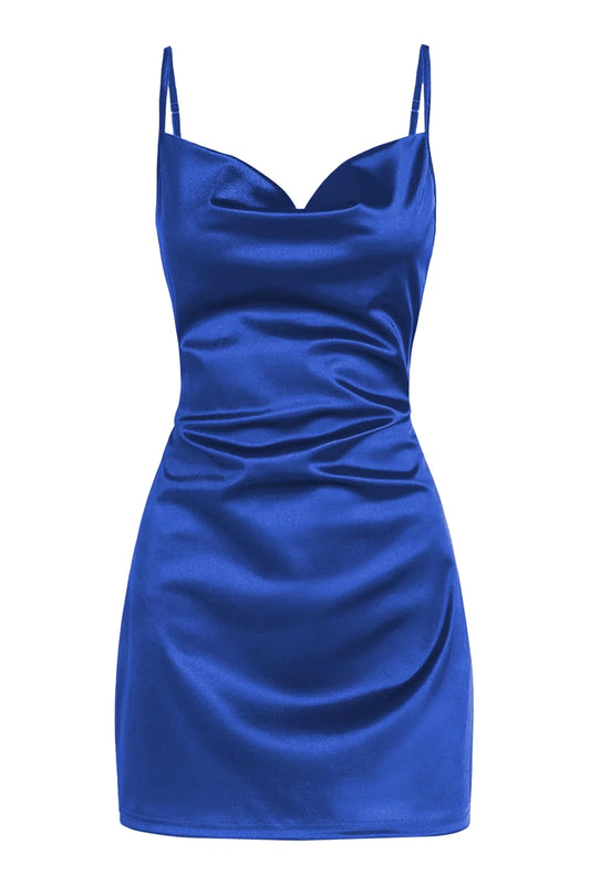 Elegant Royal Blue Satin Cowl Neck Spaghetti Strap Tie-Waist Mini Party Dress