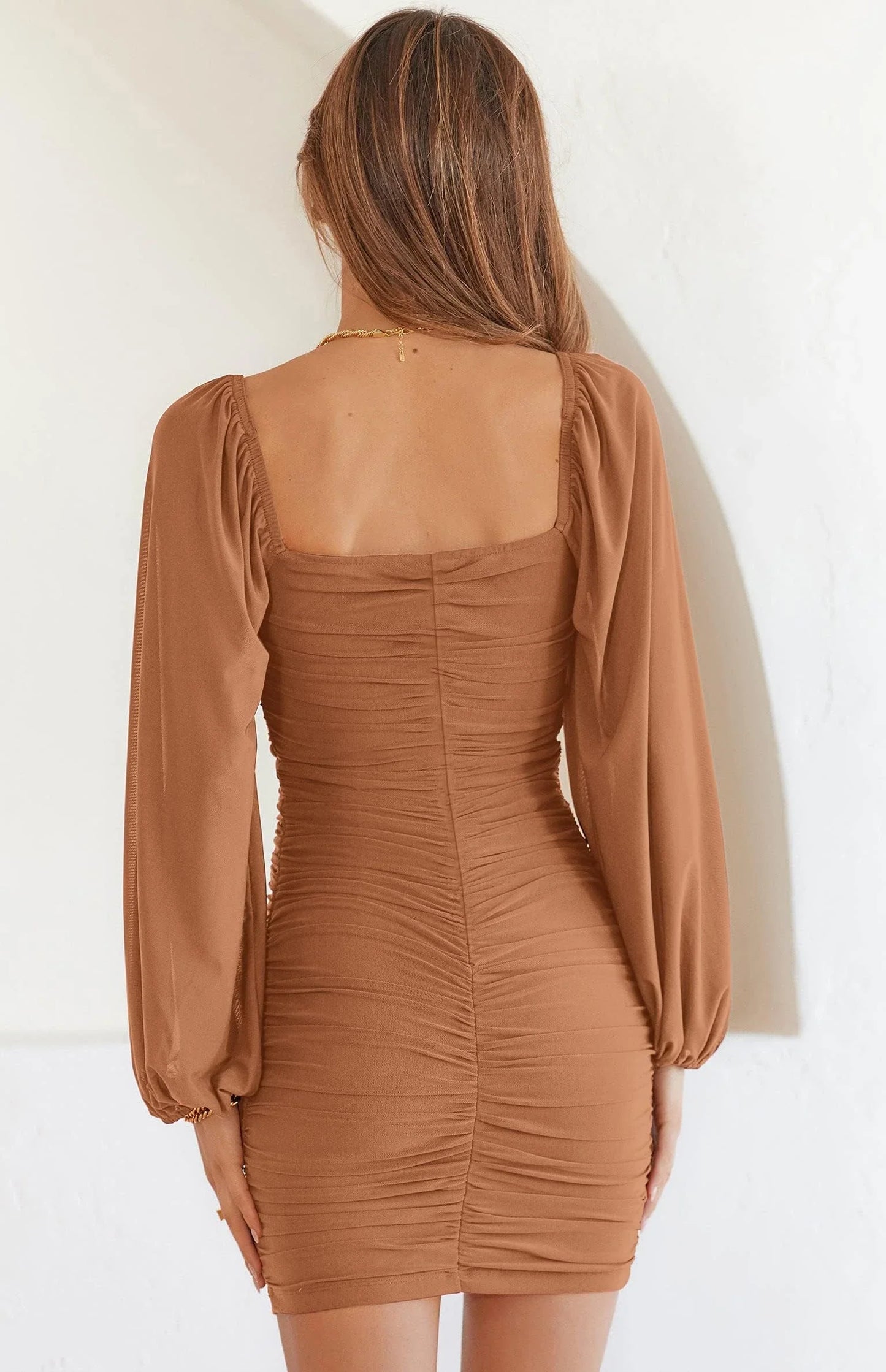 Elegant Ruched Bodycon Square Neck Lantern Sleeve Mini Party Dress