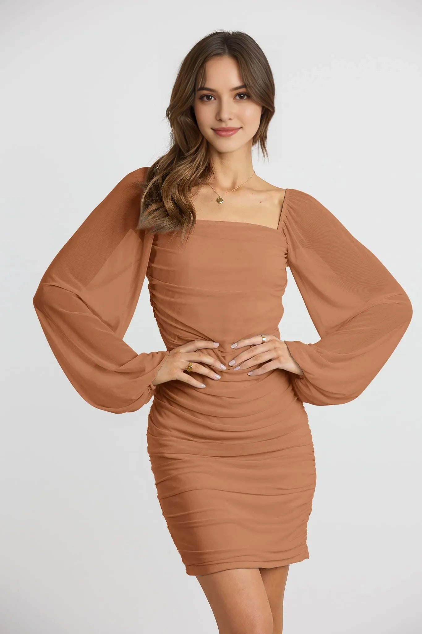 Elegant Ruched Bodycon Square Neck Lantern Sleeve Mini Party Dress