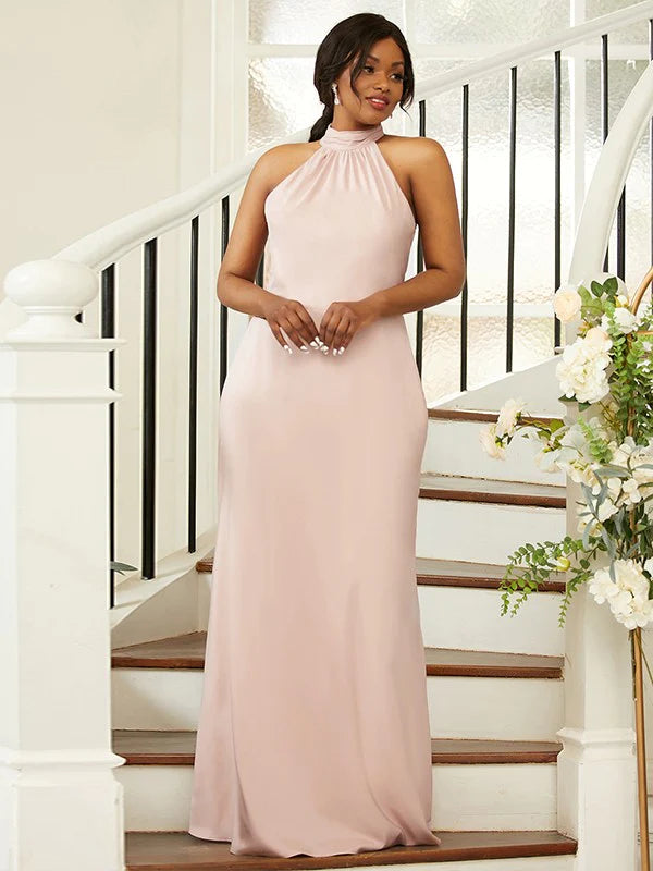 Plus size silk-like satin bridesmaid dress with ruched halter neckline.