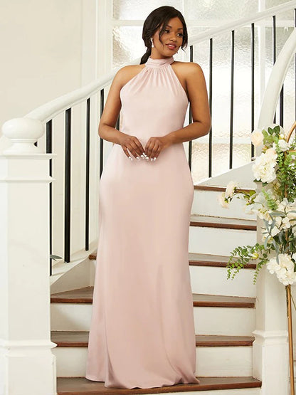 Plus size silk-like satin bridesmaid dress with ruched halter neckline.