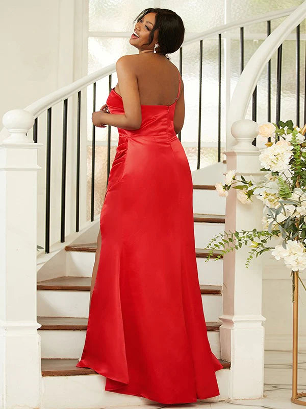 Model in a red one-shoulder ruched satin evening gown, front view.