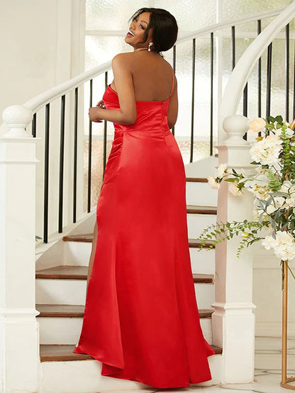 Model in a red one-shoulder ruched satin evening gown, front view.