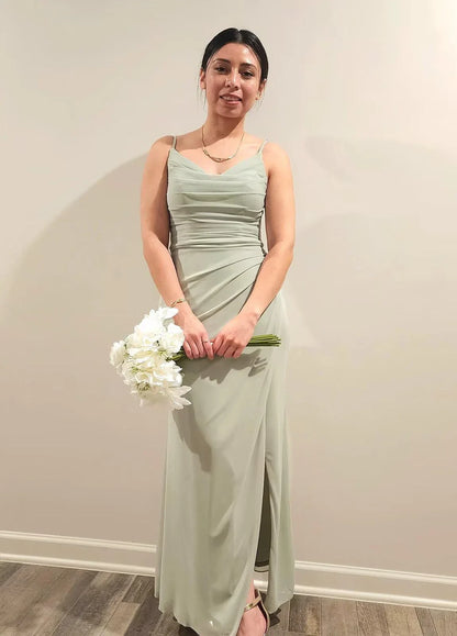 Elegant Ruched Spaghetti Strap High-Slit Maxi Evening Dress