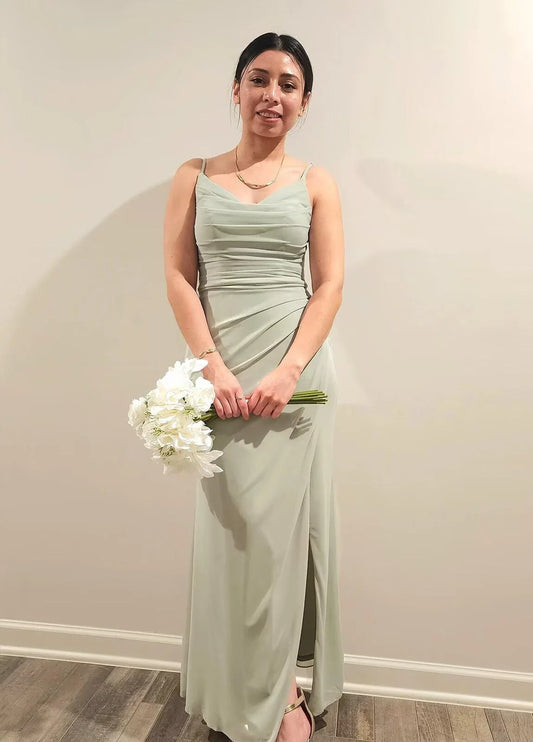 Elegant Ruched Spaghetti Strap High-Slit Maxi Evening Dress