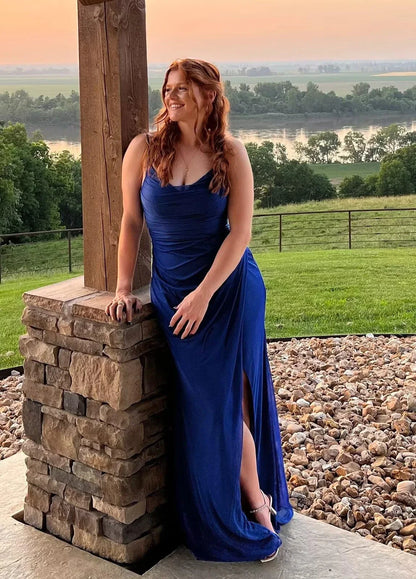 Elegant Ruched Spaghetti Strap High-Slit Maxi Evening Dress