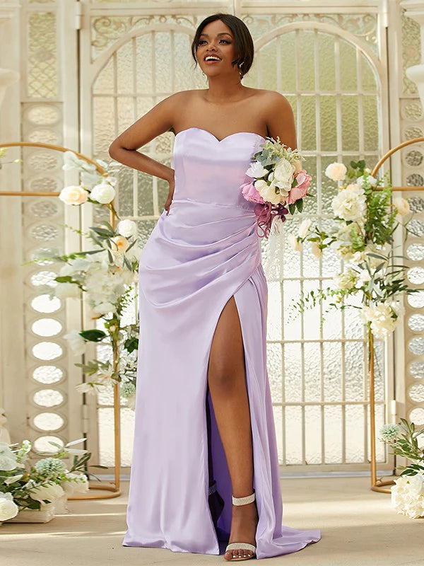 Purple silk-like satin bridesmaid dress with ruched sweetheart neckline.