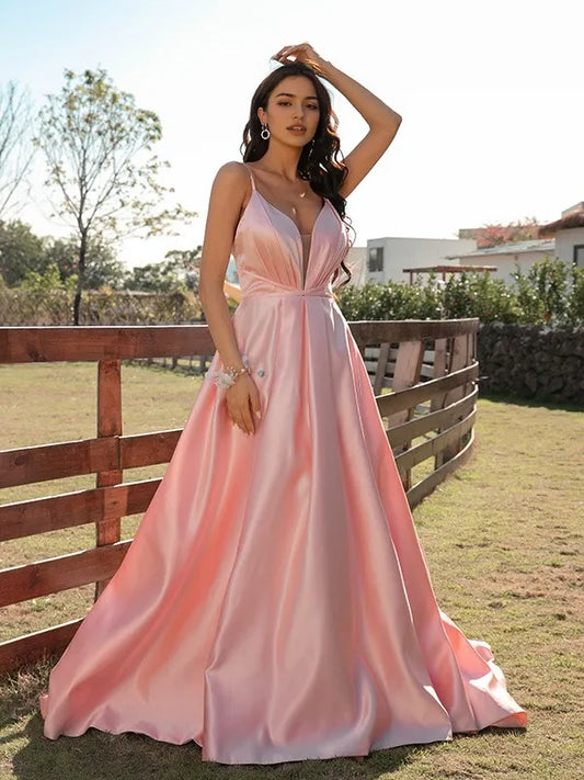 Elegant Satin Deep V-Neck Spaghetti Strap Open Back Floor-Length Evening Dress