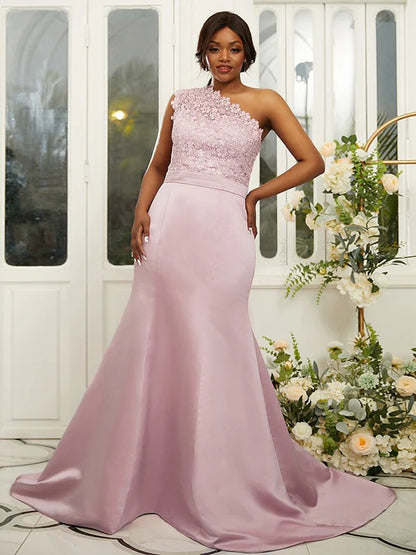 Elegant long satin lace bridesmaid dress with one-shoulder detail.