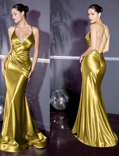 Side view of the elegant sleeveless V-neck satin mermaid evening gown, highlighting the silhouette and train.