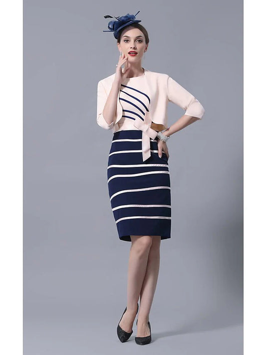 Elegant navy blue satin Mother of the Bride dress with jewel neck and 3/4 sleeves.