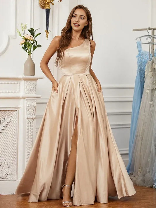 Elegant Satin One-Shoulder Back Zip High-Slit Floor-Length Evening Dress