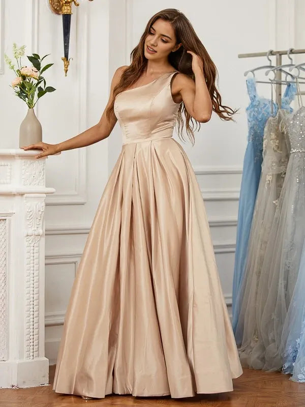 Elegant Satin One-Shoulder Back Zip High-Slit Floor-Length Evening Dress