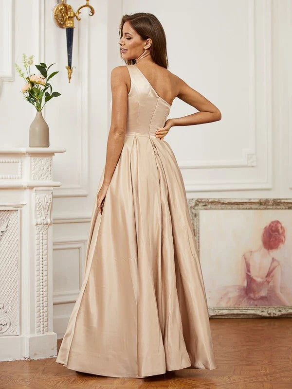 Elegant Satin One-Shoulder Back Zip High-Slit Floor-Length Evening Dress