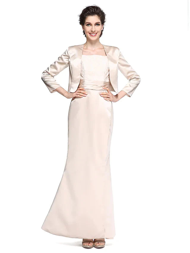 Elegant satin Mother of the Bride dress with square neck and long sleeves.