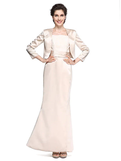 Elegant satin Mother of the Bride dress with square neck and long sleeves.