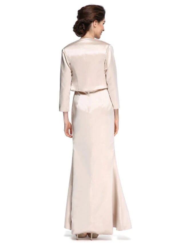 Side view of the ankle-length satin dress with lace ruched detail.