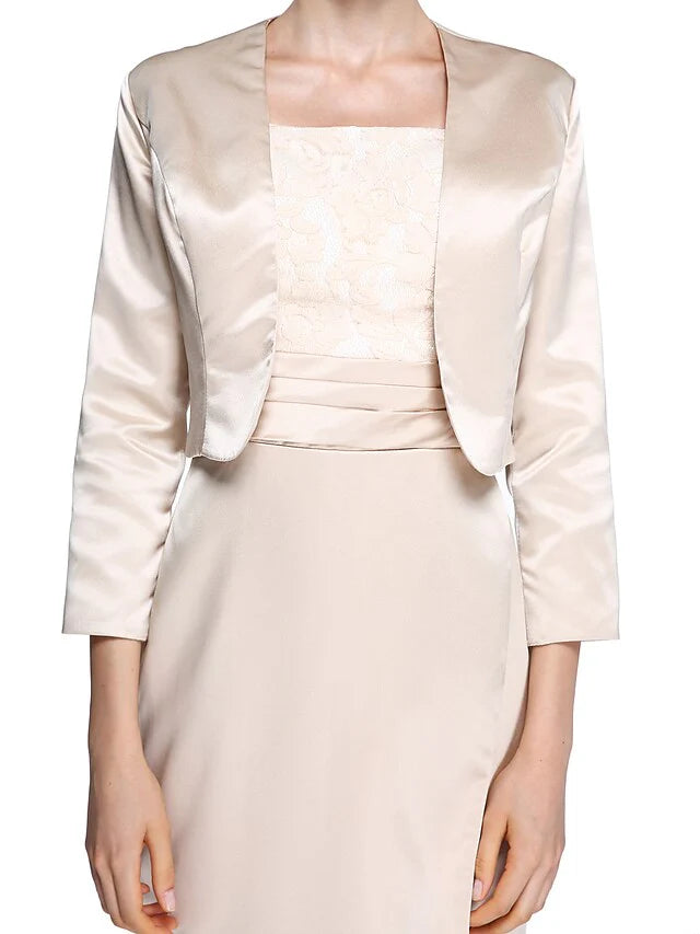 Mother of the Bride dress in satin, showcasing the elegant silhouette.