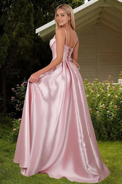 Elegant Satin Square Neck Spaghetti Strap Lace-Up Back High-Slit Floor-Length Evening Dress with Pockets