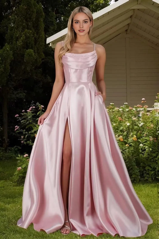 Elegant Satin Square Neck Spaghetti Strap Lace-Up Back High-Slit Floor-Length Evening Dress with Pockets