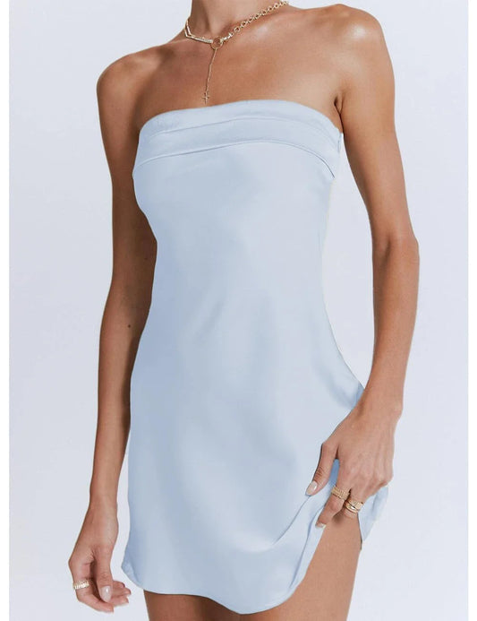 Elegant Satin Strapless Cutout Back Flowy Mini Party Dress