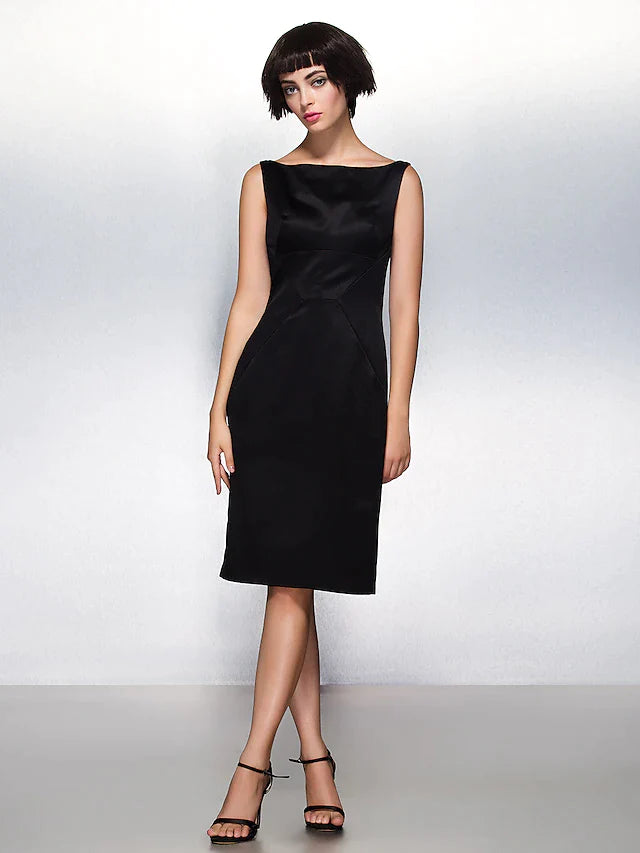 Close-up of the bateau neckline and bodice of a dark blue satin sheath dress.
