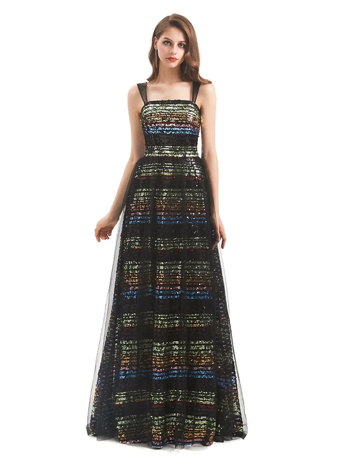 Model wearing a sequined boat neck sheath column evening gown with a sweep train.