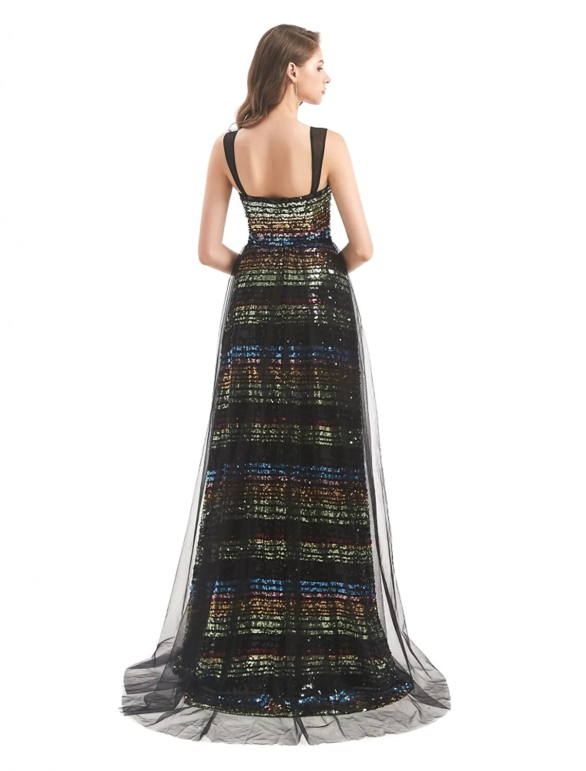 Back view of the sequined sheath column gown, showing the sweep train.