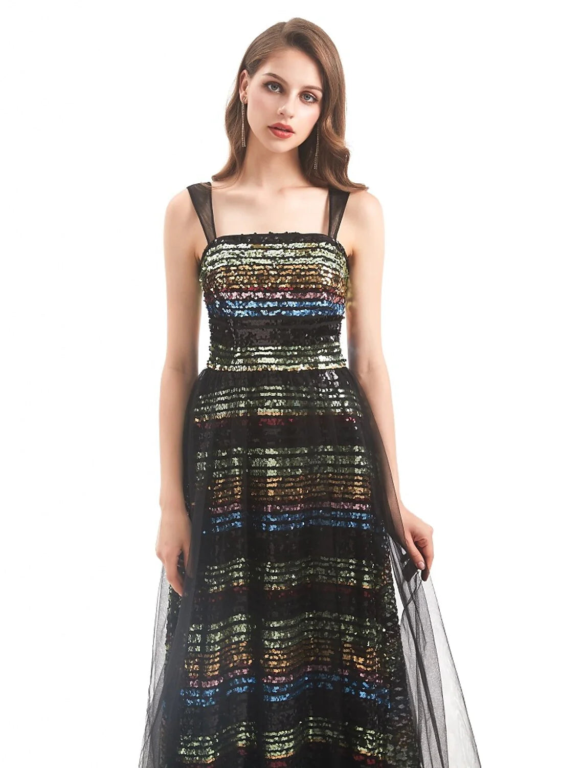 Close-up of the sequin and tulle fabric on the boat neck evening dress.