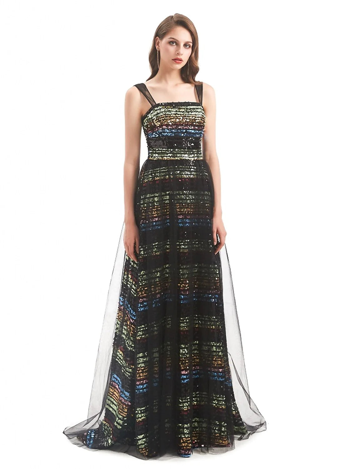 Side view of the elegant sleeveless sheath column gown.