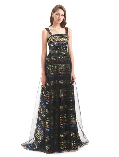 Side view of the elegant sleeveless sheath column gown.