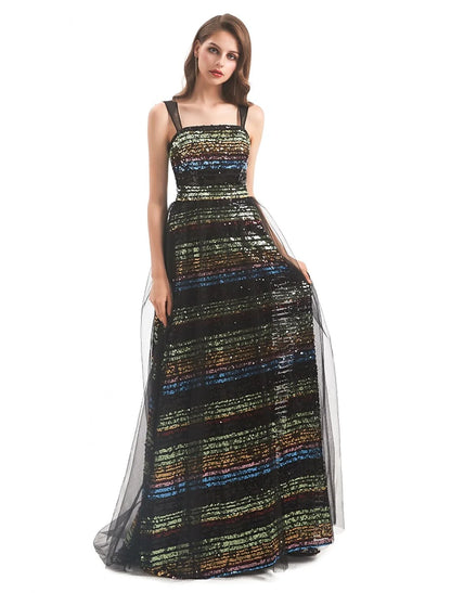 Full length view of the vintage-inspired sequin tulle evening gown.