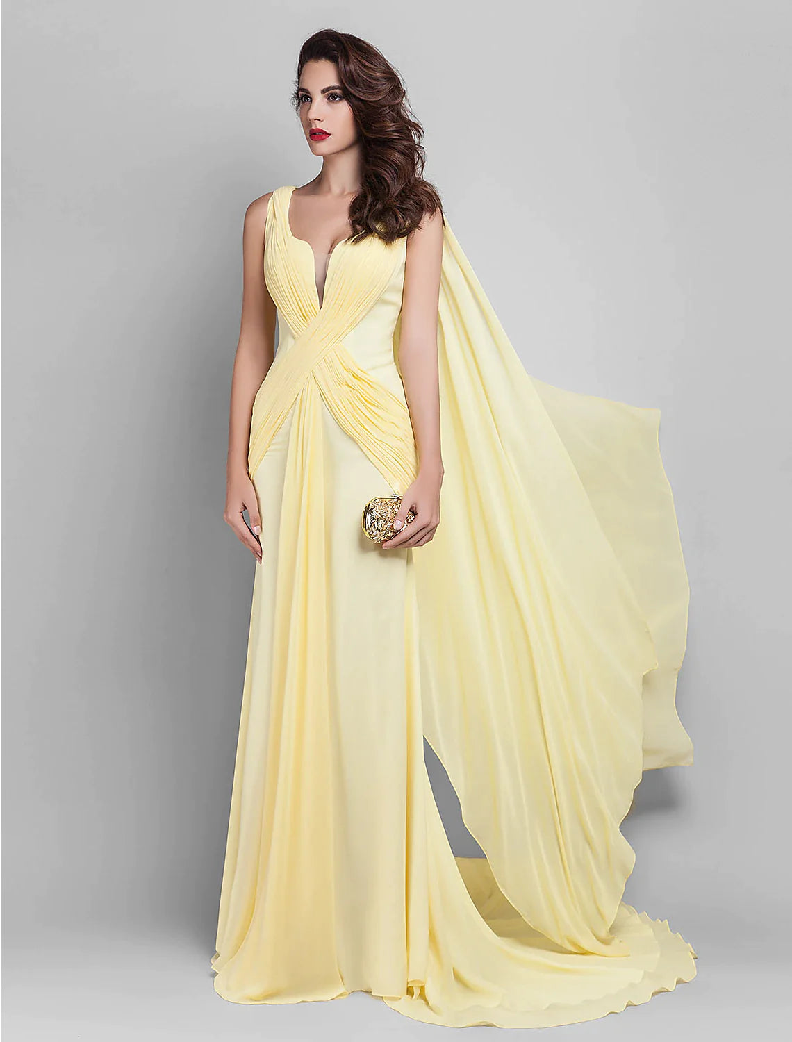 Elegant Sheath Column Georgette dress with plunging neck, front view.