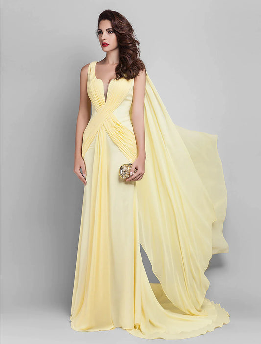 Elegant Sheath Column Georgette dress with plunging neck, front view.