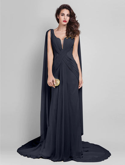 Georgette dress with V-back and court train, back view.