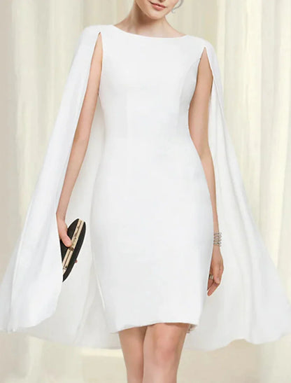 Model wearing an elegant pure color sheath column knee-length chiffon dress with a jewel neck.