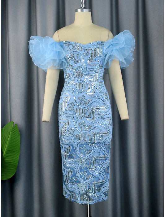 Model wearing an elegant floral sequined off-shoulder tea-length party dress.