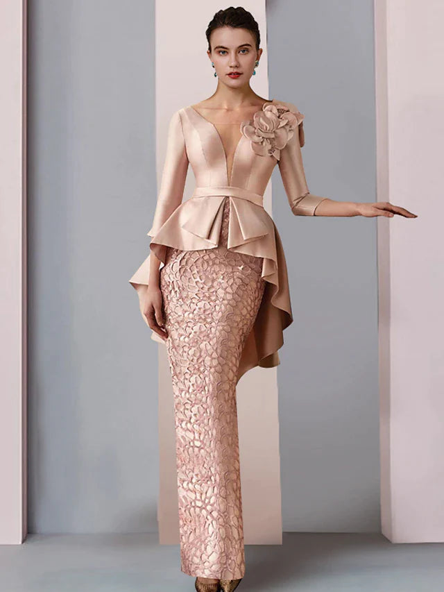 Elegant Mother of the Bride dress, front view, featuring V-neck, 3/4 sleeves, satin, and lace details.