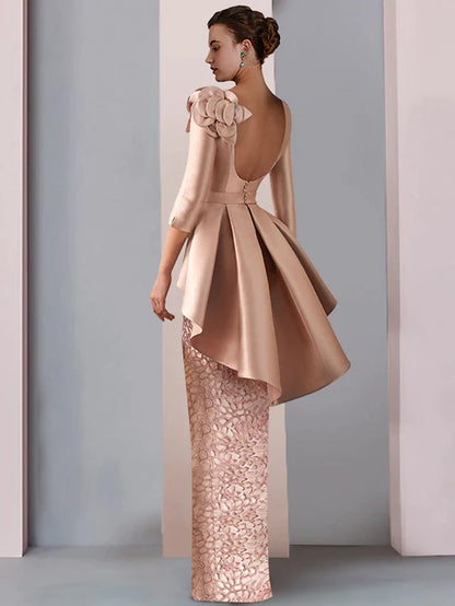 Side view of the Sheath Column Mother of the Bride dress, highlighting cascading ruffles and floral appliques.