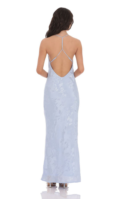 Elegant Sheath Cowl-Neck Sleeveless Cut-Out-Back Periwinkle Satin-Floral Floor-Length Prom Dresses