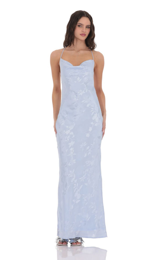 Elegant Sheath Cowl-Neck Sleeveless Cut-Out-Back Periwinkle Satin-Floral Floor-Length Prom Dresses