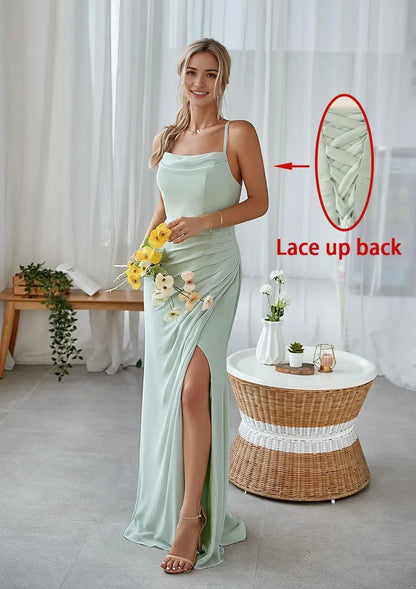 Elegant Sheath Cowl Neck Spaghetti Strap Lace-Up Back High-Slit Maxi Evening Dress