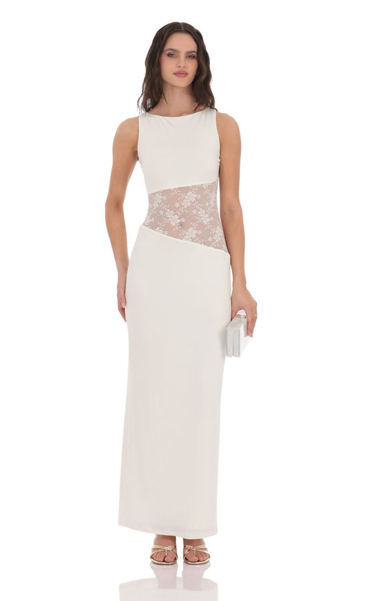 Elegant Sheath Crew-Neck Sleeveless Cut-Out-Back Ivory Lace-Satin Floor-Length Prom Dresses
