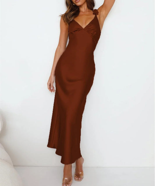 Elegant Sheath Deep V-Neck Floral Strap Open Back Maxi Evening Dress
