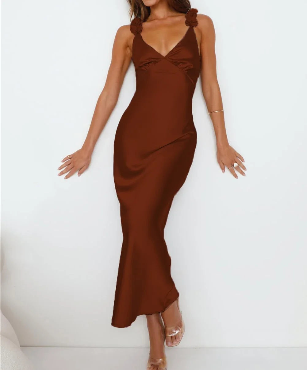 Elegant Sheath Deep V-Neck Floral Strap Open Back Maxi Evening Dress