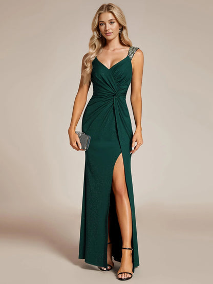 Elegant Sheath Deep V-Neck Sleeveless Sequin Strap Ruched High-Slit Maxi Evening Dress