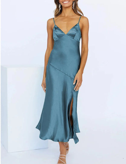 Elegant Sheath Deep V-Neck Spaghetti Strap High-Slit Midi Evening Dress