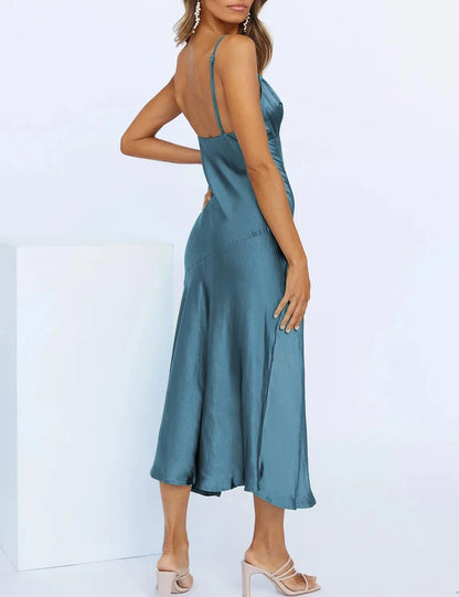 Elegant Sheath Deep V-Neck Spaghetti Strap High-Slit Midi Evening Dress