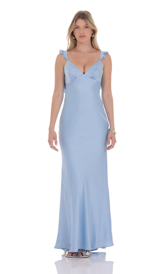 Elegant Sheath Deep-V Ruffled-Strap Open-Back Satin Floor-Length Prom Dresses