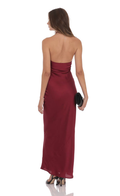 Elegant Sheath Halter-Neck Cut-Out-Back Burgundy Satin Floor-Length Prom Dresses